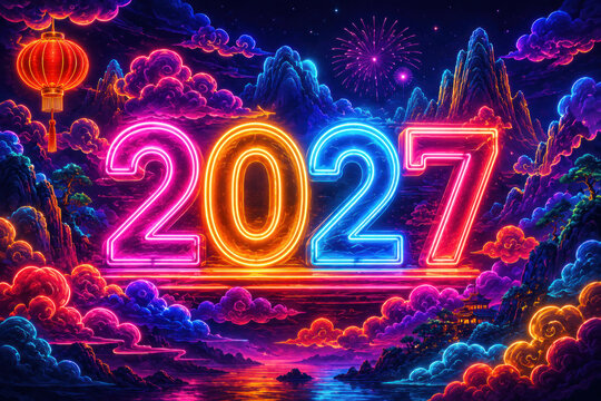 Neon 2027 New Year over Chinese mountains and fireworks