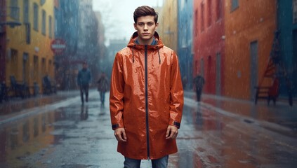 Fototapeta premium Male in raincoat against colorful backdrop