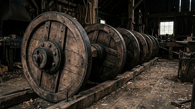 Abandoned Industrial Train Wheels in a Dilapidated Workshop.