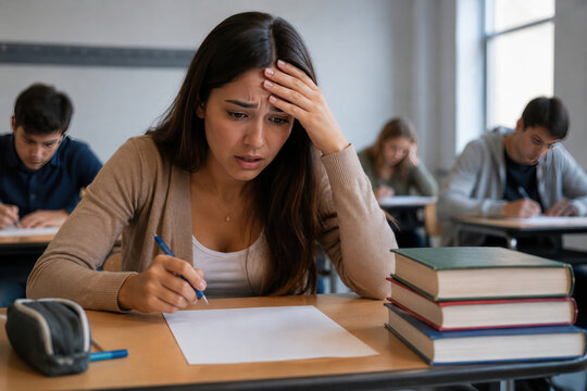 Stressed College Student Struggling with Difficult Exam in Classroom