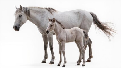 Naklejka premium Chestnut mare with foal isolated on pure white background