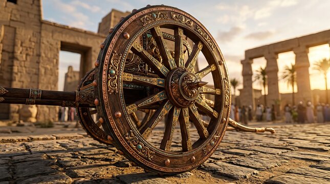 Ancient Egyptian chariot wheel on stone pavement in historical temple ruins.
