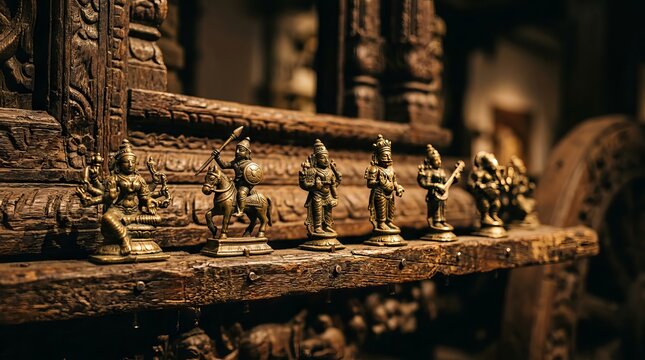 Ancient Hindu Bronze Deity Statues on Wooden Temple Altar.