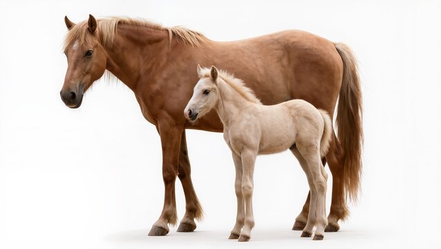 Chestnut mare with foal isolated on pure white background