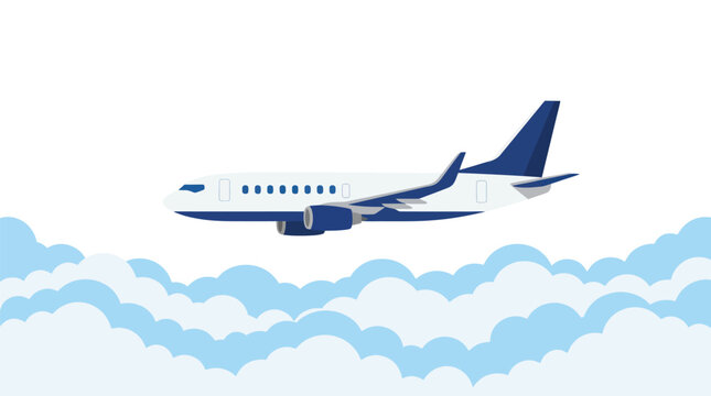 A commercial jetliner flies through fluffy white clouds in a clear sky