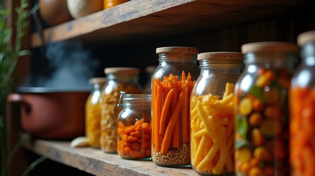 Assorted Jars of Preserved Vegetables on a Rustic Wooden Shelf.
