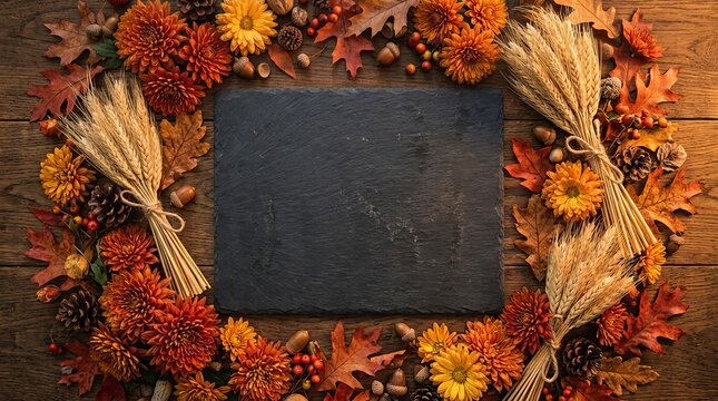 Autumn harvest chalkboard frame with pumpkins and dried wheat on rustic wood.