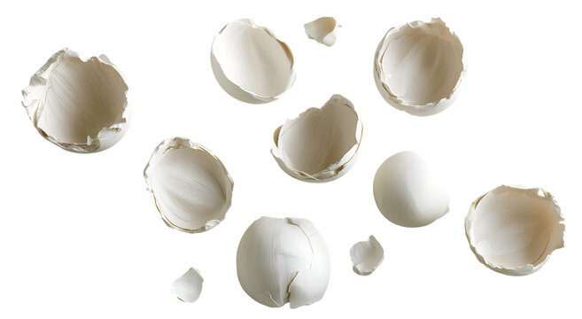 Broken eggshell pieces PNG isolated on transparent background, cracked eggshell fragments