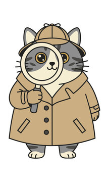 Whimsical tabby cat detective wearing a trench coat and deerstalker hat while holding a magnifying glass isolated on a white background, mystery character concept