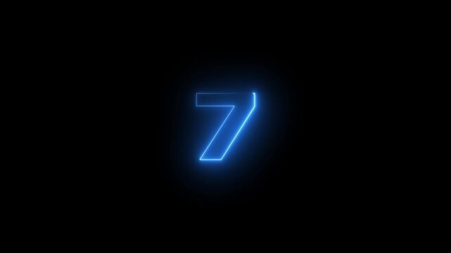 Neon 7 Number text animation.7 number mathematics text on black background. Bright glowing number 7 countdown icon. Digital neon glowing text number 7 a on black background animation, 