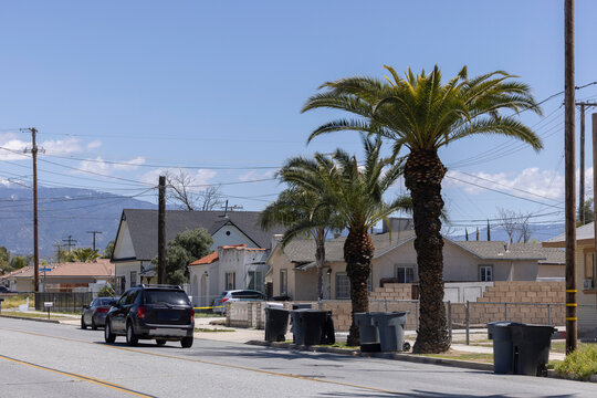 Palm trees frame a neighborhood near downtown San Jacinto, California, USA.