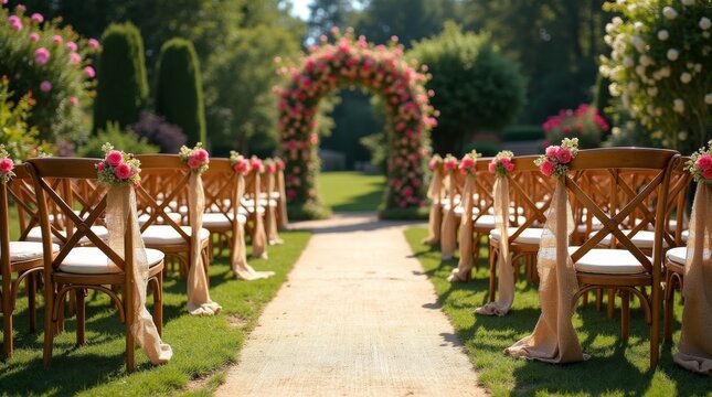 Beautiful Outdoor Wedding Ceremony Setup in a Lush Garden.