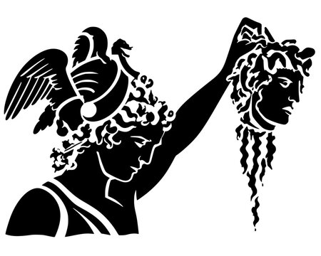 Vector silhouette of Perseus holding Medusa&rsquo;s severed head with winged helmet. Minimalist design symbolizing triumph, myth, and classical Greek heritage.
