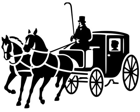 Bold black silhouette of a Victorian horse-drawn carriage with coachman in top hat and passenger, classic minimalist illustration perfect for vintage, history, and elegant event themes.
