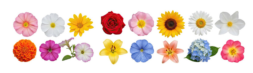 Obraz premium A collection of colorful flowers is arranged horizontally against a transparent background. The flowers include roses, sunflowers, daisies, tulips, carnations, and hydrangeas