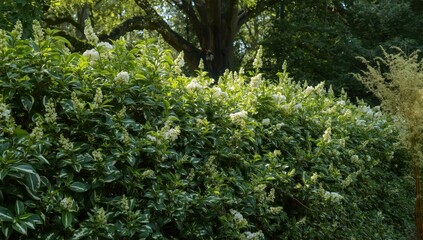 Fototapeta premium Multicolored spotted laurel hedge. Gold dust foliage.