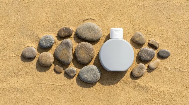 Blank cosmetic bottle mockup with zen stones on sand background.