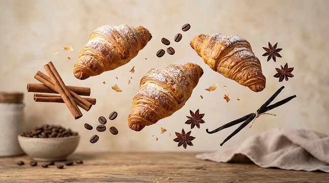 Croissants fly through air with cinnamon, coffee beans, and spices on wooden table indoors.