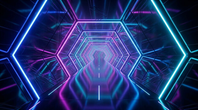 Futuristic Neon Hexagon Tunnel Abstract Background.