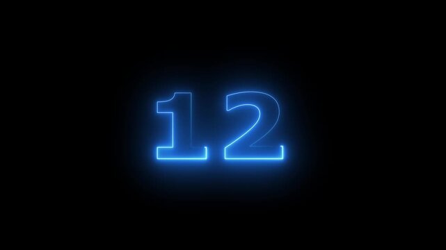 Neon 12 Number text animation.12 number mathematics text on black background. Bright glowing number 12 countdown icon. Digital neon glowing text number 12 a on black background animation, 