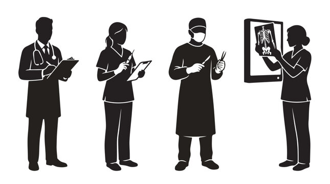 Medical professional silhouettes set, doctor and nurse characters in black and white, surgeon and radiologist vector icons for healthcare infographics