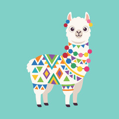 Fototapeta premium Cute llama in colorful geometric blanket and pom-poms against teal background