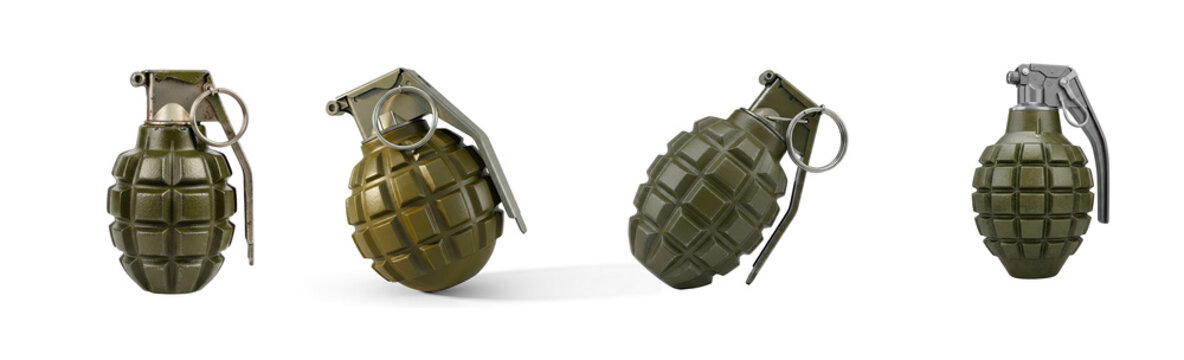 Collection of green grenades are displayed against a black background. The grenades are arranged in a row, showcasing their detailed textures and designs.