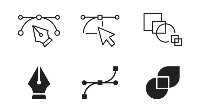 Graphic design vector icon set featuring pen tool bezier curves and geometric shape adjustment tools software creative
