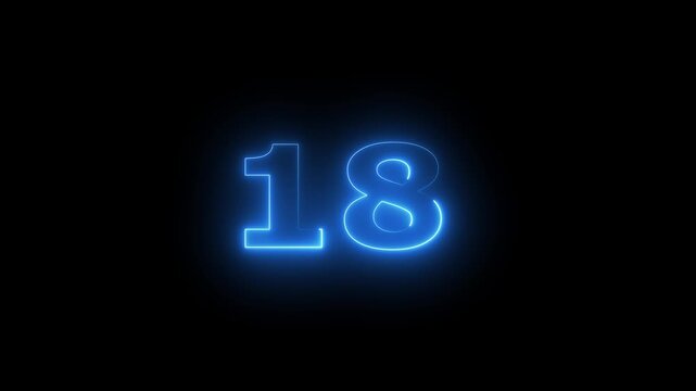 Neon 18 Number text animation.18 number mathematics text on black background. Bright glowing number 18 countdown icon. Digital neon glowing text number 18 a on black background animation, 
