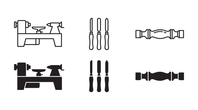 Woodworking lathe and wood turning tools collection icons with woodworking carpentry equipment manufacturing