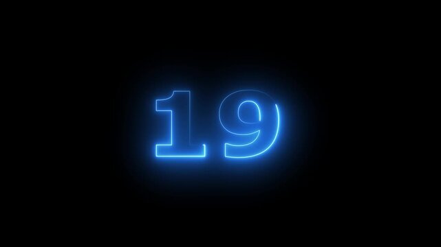 Neon 19 Number text animation.19 number mathematics text on black background. Bright glowing number 19 countdown icon. Digital neon glowing text number 19 a on black background animation, 