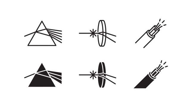 Set of physics and optics icons demonstrating light refraction prism lens and fiber optic cable with refraction