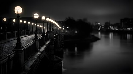 Fototapeta premium Illuminated bridge with glowing lamp posts over calm water at night