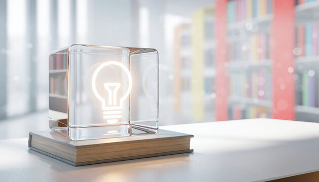 Glowing light bulb icon in a glass cube on a book in a library, representing creative innovation, education, and bright ideas in a minimalist 3D rendering style.