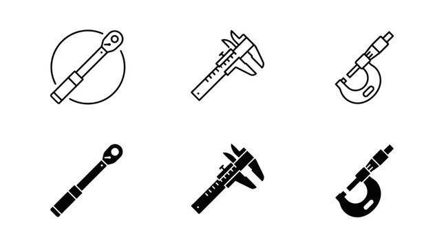 Set of precision mechanical instrument icons featuring torque wrench vernier caliper micrometer, precision