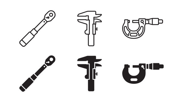 Set of mechanical measurement tool icons featuring torque wrench caliper micrometer measurement mechanical