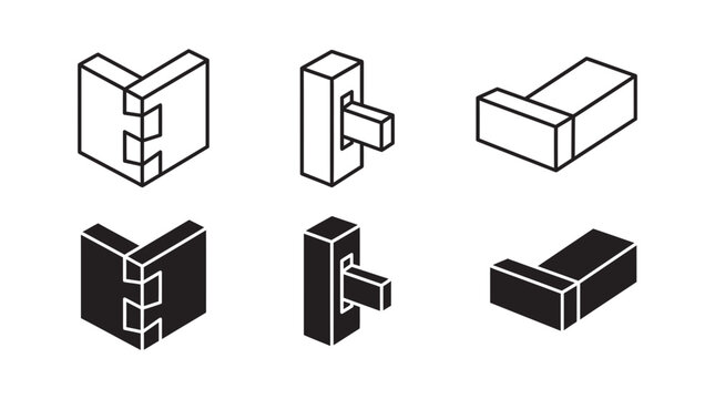 Woodworking joinery and construction element icons set with woodworking construction carpentry technique assembly
