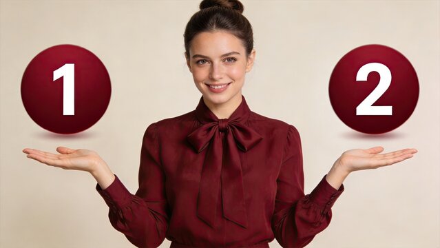 Woman presenting choice options with numbers one and two, holding hands up showing selection decision, business concept of alternatives, comparison or voting, marketing strategy