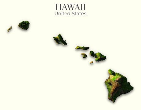 Hawaii shaded relief map, 3D terrain map illustration of Hawaii, United States, hillshaded physical geography.
