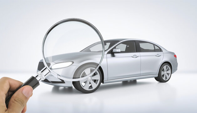 Magnifying glass inspecting silver sedan car for details in bright studio. Professional automotive quality control check, car search, and vehicle evaluation concept illustration.