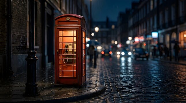 Illuminated red telephone box on a rain-slicked city street at night