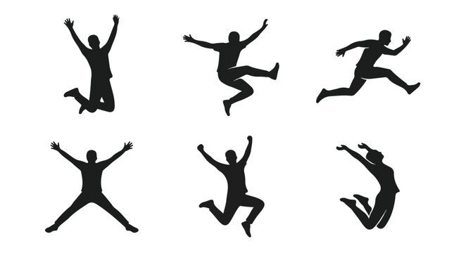 Dynamic jumping people silhouettes, set of 6 active human figures in mid-air poses, black vector silhouettes of happy jumping men and women