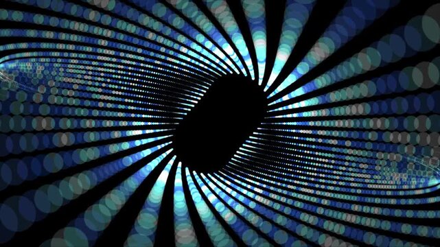 Abstract glowing wave from of particles and dots moves on a black background.