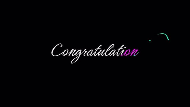colorful text animation Congratulation  handwriting reveal with  dinamic colorful particle and tail 4k video element in transparent background