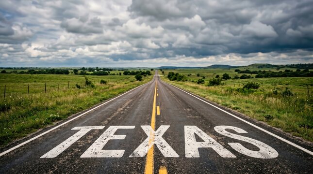 Long straight road with texas sign in a rural landscape