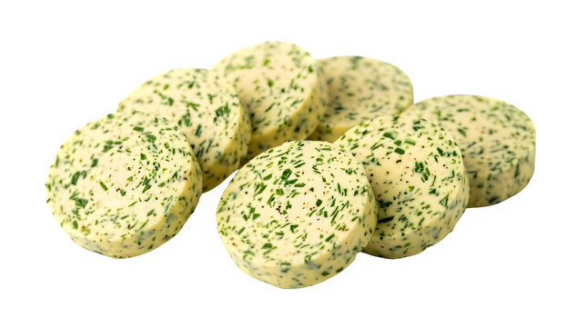Round slices of green herb butter isolated on transparent background 