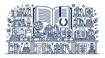 Illustration of Bookshelves Filled with Books, Globe, and Decorations © rara