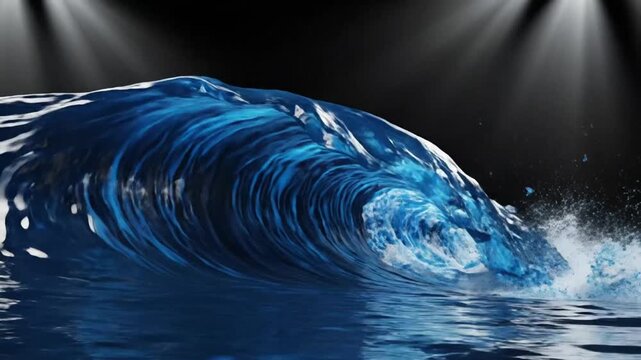 Mesmerizing close up shot of a crashing ocean wave with a curling crest against a dark background illuminated by spotlights