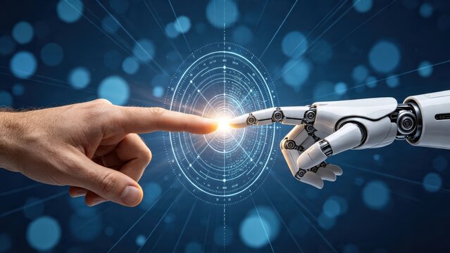 Human hand touching robot finger in futuristic connection, symbolizing artificial intelligence partnership, technology evolution and human machine interaction.