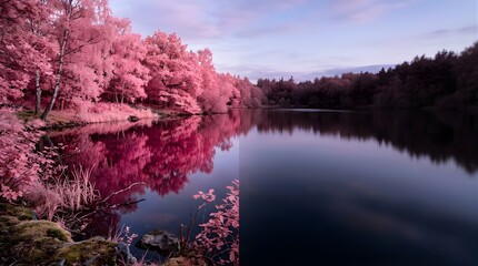 Obraz premium Infrared landscape showing pink trees reflected in a calm forest lake